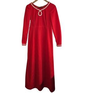 Vintage 70s Handmade Dress Womens Small Red Maxi Glam Cottage Party Modest Retro